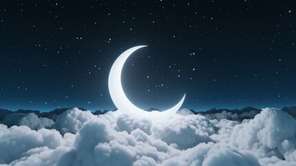 Fototapeta premium Starry night with a glowing crescent moon above clouds, shining constellations, ethereal and dreamlike, celestial fantasy background