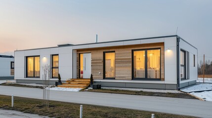 Fototapeta premium Modern Prefabricated Home at Dusk