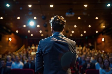 Male Speaker Giving Motivational Speech on Stage