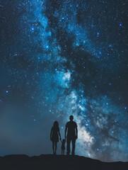 Fototapeta premium Silhouettes of a young family with a child standing on a hill against the background of the night starry sky.