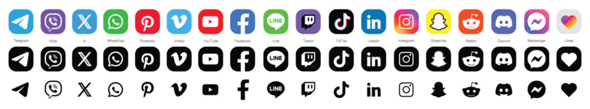 Instagram, X, Threads, Facebook, Youtube, WhatsApp, Vimeo, Pinterest, Linkedin, Likee, Telegram. Social media logo set. Vector