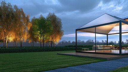 Obraz premium Modern Glass Pavilion Under Twilight Sky