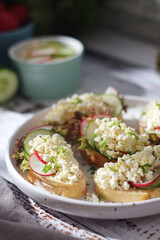 A plate with sandwiches with cottage cheese, radish and cucumber in rustic style	