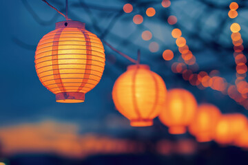 String of illuminated orange paper lanterns hanging outdoors during the evening, creating a festive atmosphere