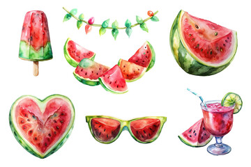 set of six cliparts of watermelon food, juice, smoothie, heart, garland, ice-cream, watercolor illustration clipart on transparent background, summer cold drinks