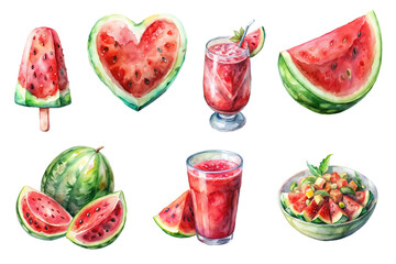 set of six cliparts of watermelon food, coctail, salad, popcicle, ice-cream, heart, watercolor illustration clipart on transparent background, summer cold drinks