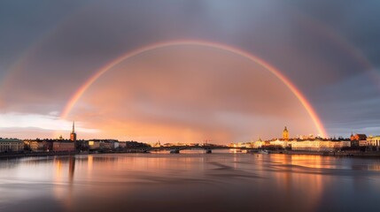 Rainbow spanning the sky above an old city, vivid colors contrasting with aged architecture, dynamic and historic scene, lively ambiance