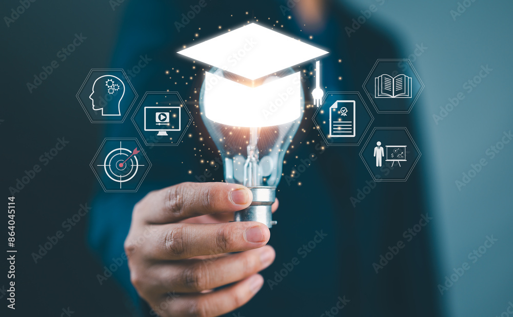 Poster e-learning graduate certificate program concept. man hands showing graduation hat in light bulb, int