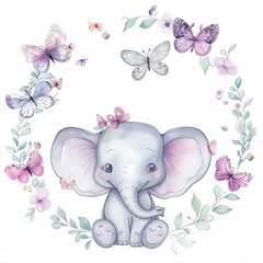 Obraz premium Cute elephant frame with butterfly edges, pastel colors, empty center, gentle animal illustration,