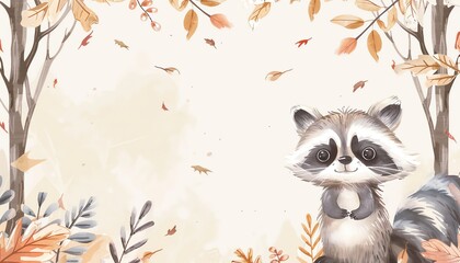 Cute raccoon frame with leaf accents, pastel forest scene, blank middle, charming animal illustration,