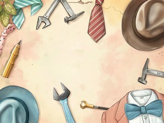 Fathers Day tool frame with ties and hats, pastel background, blank middle, honoring fathers illustration,