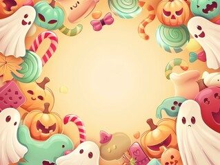 Obraz premium Halloween candy frame with ghosts and pumpkins, pastel tones, empty center, fun holiday illustration,