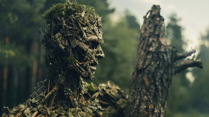 A man whose entire body was composed of tree bark transformed into a tree, set against the distant backdrop of a forest.