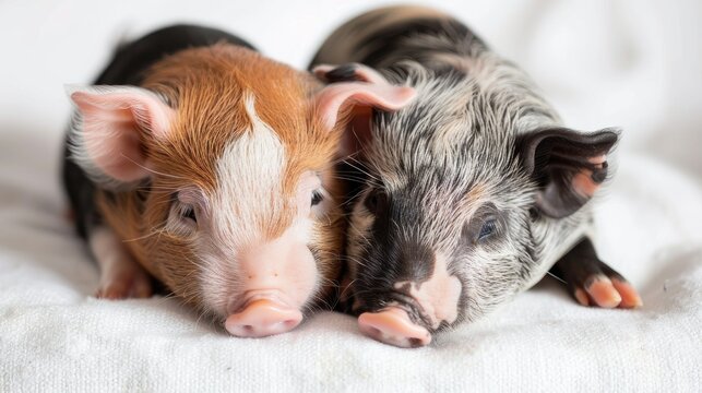 Studio photo of Gottingen minipigs on white backdrop