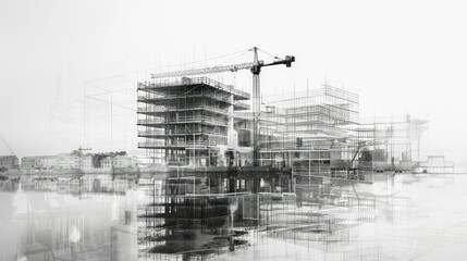 Double exposure of a construction site and architectural drawings, illustrating progress in building engineering