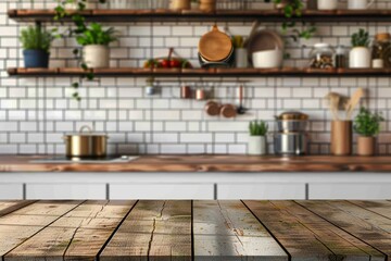 Wood table top on blurred kitchen background. can be used mock up for montage products display or design layout