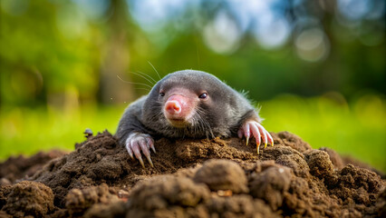 Maulwurf in wildlife crawling out of its molehill