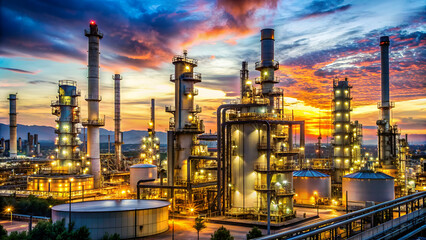 Oil refinery at twilight and night with industrial
