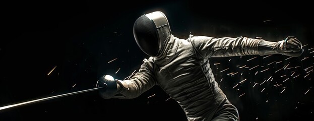 Long shot panoramic view of a fencer, elegant stance, sharp rapier pointed forward, illuminated against a deep black background