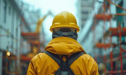 Construction worker with yellow hard hat at a construction siteviewed from behind. Concept of safety, construction, industrial work