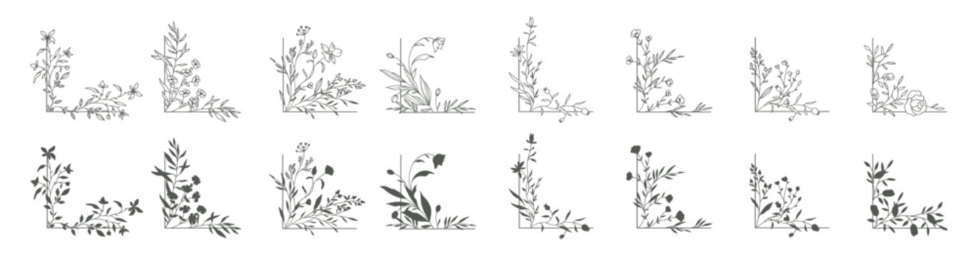 Floral corners set. Hand drawn botanical decoration with flowers, branch and herbs. Vector illustration with rustic trendy greenery in line art and silhouettes style