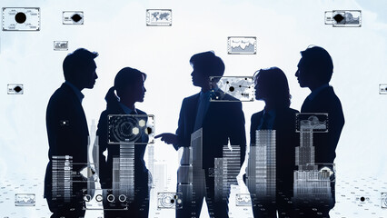 Interconnected global network, high-tech collaboration, futuristic office