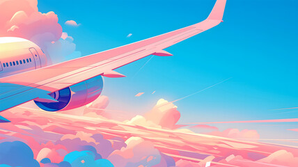 A close-up of the wing of an airplane flying against a background of blue sky and clouds can be used to advertise travel, tourist trips and airline services.