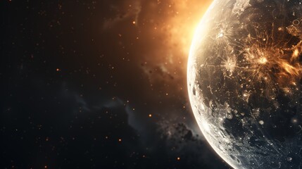 Celestial scene featuring a crescent-shaped moon with a fiery glow on its right edge, detailed textures, space backdrop, ethereal and majestic