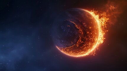 Obraz premium Celestial scene featuring a crescent-shaped moon with a fiery glow on its right edge, detailed textures, space backdrop, ethereal and majestic