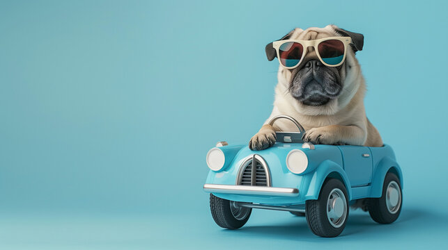 Funny pug dog with sunglasses in toy car on light blue background 