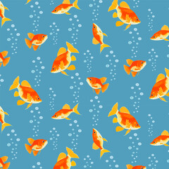 Fototapeta premium Vector pattern with goldfish.Beautiful goldfish and air bubbles on a colored background in a vector pattern.