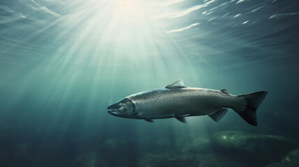 Fototapeta premium Fish swimming underwater with sunlight streaming through water. Scene captures serene aquatic environment with clear visibility and soft light rays illuminating fish and surroundings
