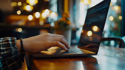 Girl's hands on laptop keyboard close-up, dim light at a table in a caf&eacute;, soft bokeh in the background.