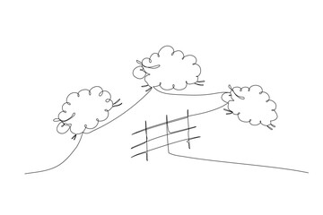 Three cute jumping sheep one by one and fence, one contour line drawing