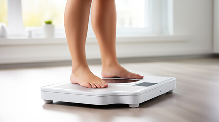 Close-up photo of woman legs stepping on floor scales indoors.