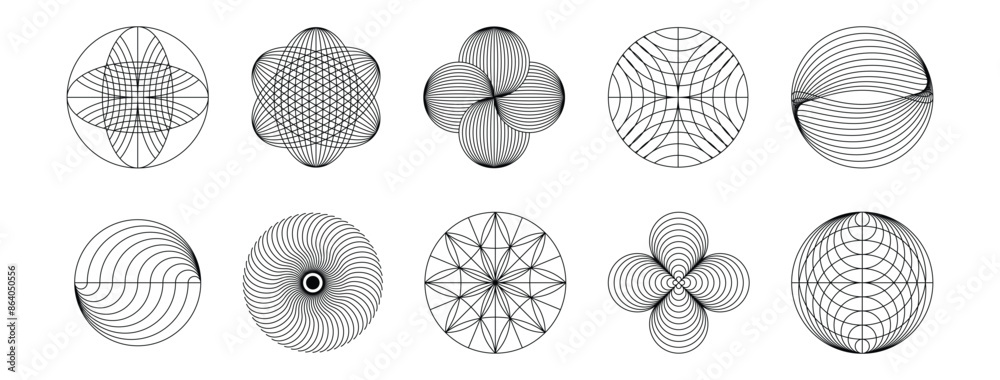 Fototapete Vector minimal geometric illustrations set, futuristic digital trendy abstract aesthetic linear compositions, prints, frames and graphic design elements, y2k and brutalist style..