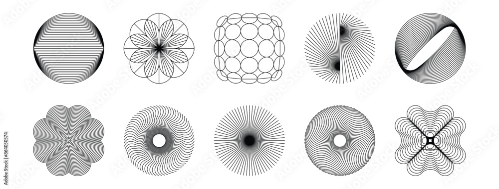 Poster Vector minimal geometric illustrations set, futuristic digital trendy abstract aesthetic linear compositions, prints, frames and graphic design elements, y2k and brutalist style..