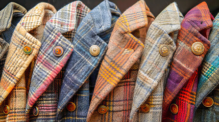 Rack of colorful women's plaid jackets with large buttons is displayed in a retail store