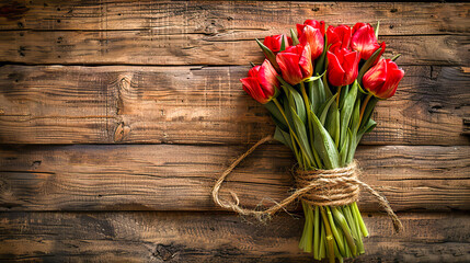 Bouquet of red tulips lying on rustic wooden background
