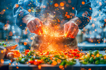 Chef conjuring magic over fresh vegetables with sparkling fire in a modern kitchen