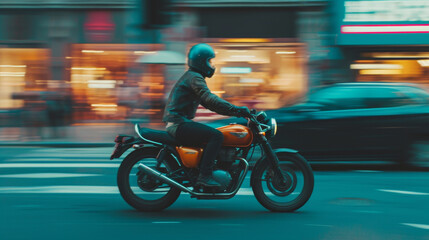 Motorcycle rider in helmet and gear racing at high speed on the nighttime background with motion blur