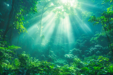 Fototapeta premium Morning sunlight shining through misty lush green canopy of trees in tropical rainforest