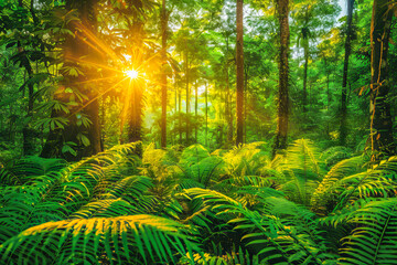 Fototapeta premium Sun shining through lush foliage of ferns and trees in tropical rainforest