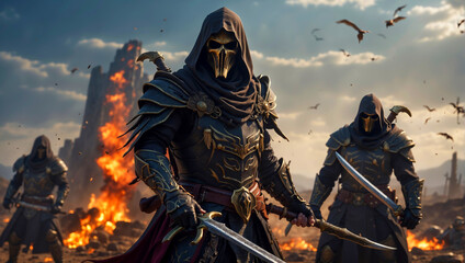 Fototapeta premium Armed masked warriors on a battlefield