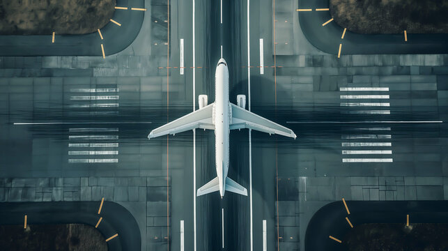 Aerial view of body aircraft departing airport runway, White aircraft on airport runway