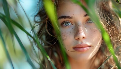 Fototapeta premium Close up portrait of beautiful young woman with green eyes and long hair