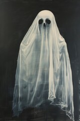 White antique ghost is flying on faded black background