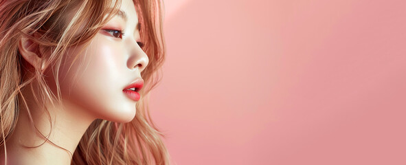 young beautiful Korean woman skin care beauty skincare cosmetics pink background copy space