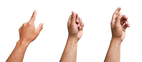 Set of images of hands doing various gestures together Concepts about business and technology Isolated on a white background.