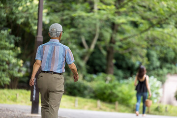 Fototapeta premium 公園をウォーキングする高齢者男性